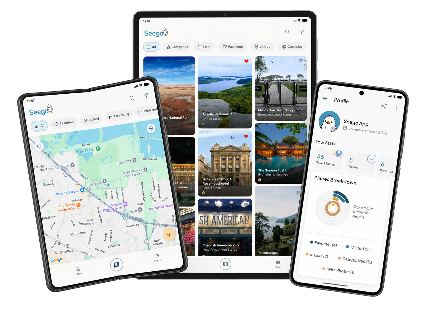 Seego shown on Android phone, foldable and tablet